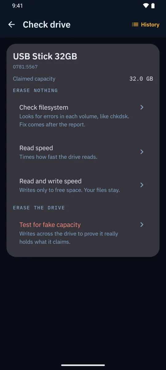 Check drive screen with check filesystem, read speed, read and write speed, and test for fake capacity
