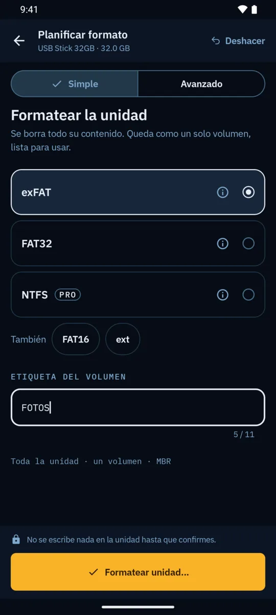 Pantalla Formatear unidad con exFAT elegido y las opciones FAT32, NTFS, FAT16 y ext